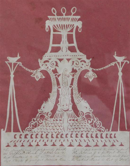 Elizabeth Cobbold (1767-1824). A cut paper silhouette of The Sumptuous Tripod proudly placd at Delphos Shrine, 9 x 7.5in.
